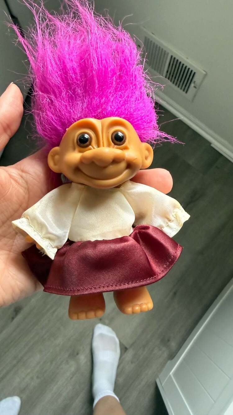 Vintage Russ Troll Doll with Hot Pink Hair and Cream and Maroon Outfit